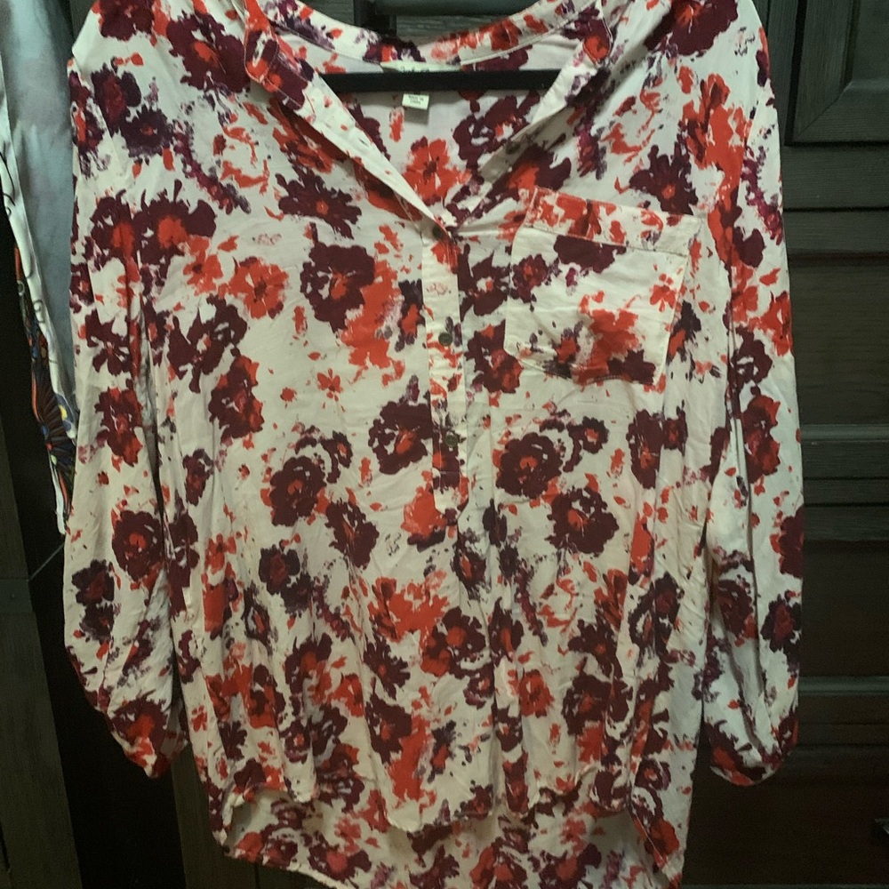 Lucky Brand Long-Sleeve Floral Henley Blouse in Red & Burgundy